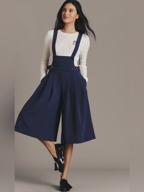 Anthropologie Maeve Navy Blue Belted Wide-Leg Suspender Pinafore Culotte Size 10
